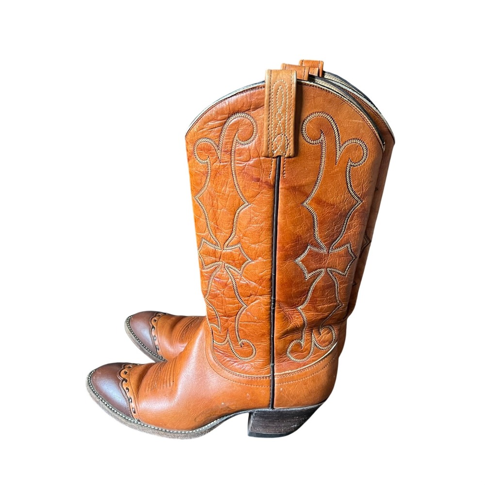 VTG Dan Post Brown Leather Western Cowboy Boots Women 7.5 C Wingtip Toe Boho